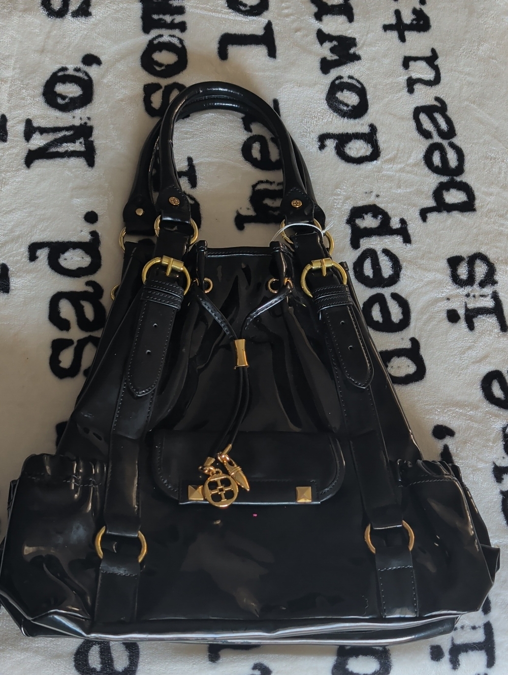 IMAN Black Patent Shoulder Tote with Gold Hardware